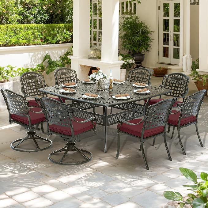 SOCIALCOMF 9-Piece Patio Cast Aluminum Dining Set, Outdoor Table and Chairs Set for 8, Includes 64" Large Square Dining Table, 6 Stationary, 2 Swivel Dining Chairs with Umbrella Hole, Red