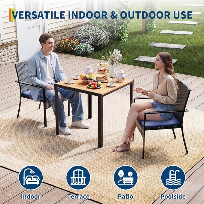 3 Piece Patio Dining Set, Wicker Outdoor Table and Chairs with Umbrella Hole ＆ Soft Cushion, Patio Furniture Set for Backyard, Garden, Poolside, Deck - Black＆Blue