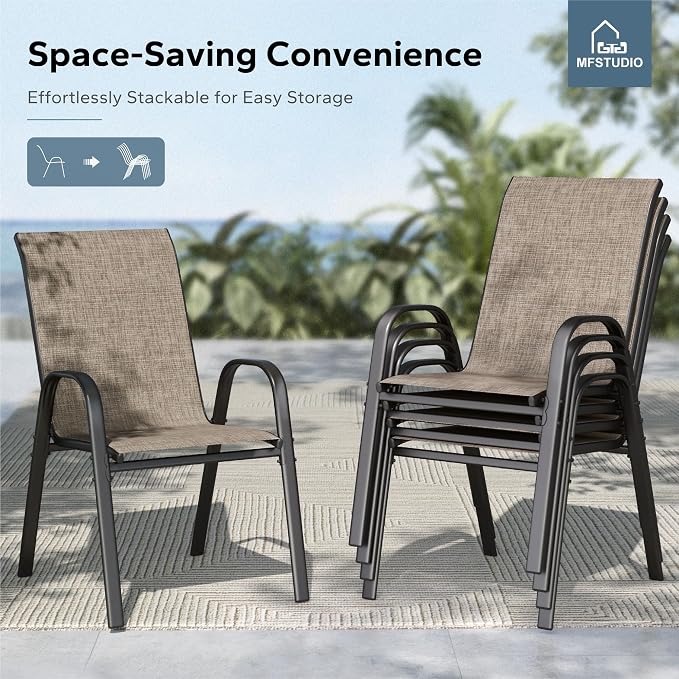 MFSTUDIO Patio Table and Chairs Set, Outdoor Dining Set for 4 Persons, 5 Piece Patio Dining Set with Marble Texture Table and Stackable Textilene Chairs