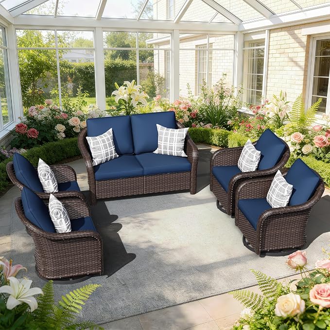 5 PCS Outdoor Conversation Set | 55" Couch, 4 Swivel Chairs, Patio Wicker Conversation Furniture with Removable Cushions for Bistro, Deck, Sunroom (Navy Blue)