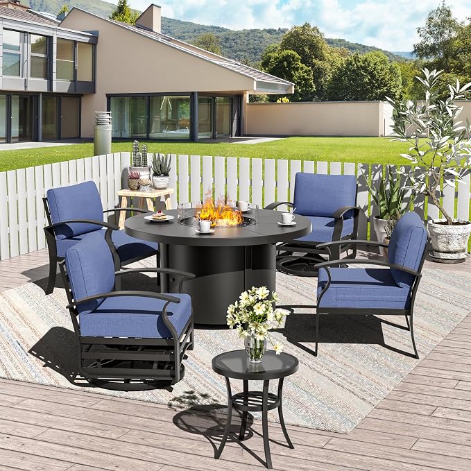 ALAULM Aluminum Patio Furniture Set with Coffee Table Rectangular, 5-seat Outdoor Sectional Furniture w/2 Swivel Chairs, Patio Conversation Set for Porch, Backyard,Blue