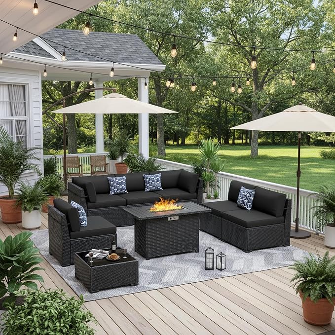 8 Piece Patio Furniture Set with 44” Fire Pit Table All-Weather Wicker Conversation Sectional Sofa & Coffee Table with Thickened Cushions for Backyard, Garden(Black)
