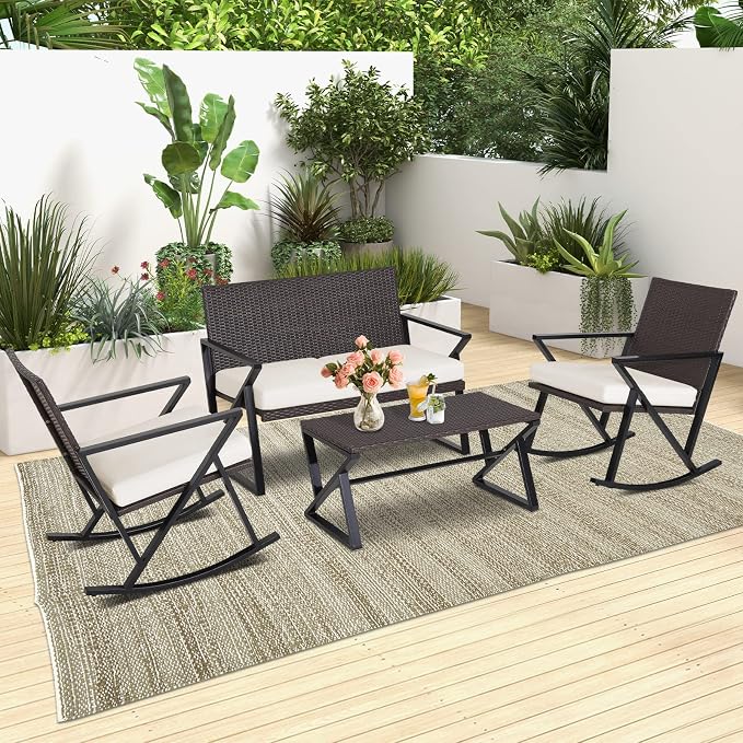 Tangkula 4 Piece Patio Rocking Furniture Set, Patiojoy Heavy Duty PE Wicker Loveseat with 2 Rocking Chairs & 1 Coffee Table, Outdoor Rattan Conversation Set for Porch, Poolside, Balcony