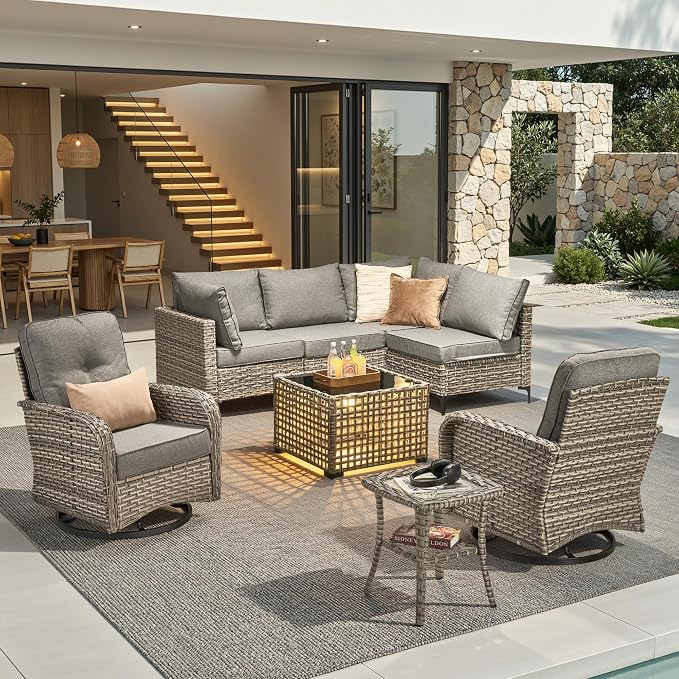 8 Pieces Outdoor Sectional Patio Furniture Set with Swivel Rocking Chairs,Conversation Sets Rattan Wicker L Shaped Couch,Modular Outdoor Sofa for Porch Balcony Backyard Dark Grey