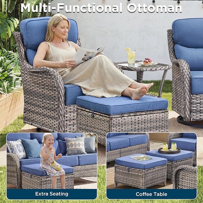 Luxury 10 Pieces Patio Furniture Set, Wicker Swivel Rocker Patio Chairs with 6" Thick Cushion, Outdoor Wicker Sofa with Coffee Table, All Weather Outdoor Conversation for Garden Porch(Grey/Blue)