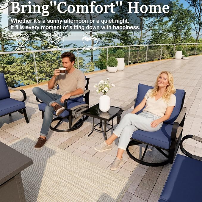 10-Piece Outdoor Furniture Set, Metal Swivel Rocking Chairs with All-Weather Cushions, Patio Conversation Set with Fire Pit Table for Deck, Porch, Garden, Backyard, Poolside (Blue Cushions)