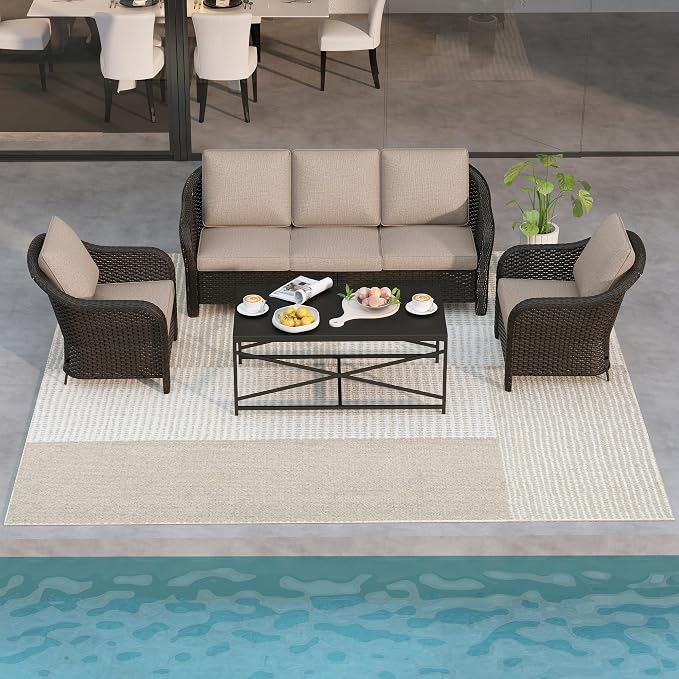 4 Pieces Patio Outdoor Conversation Furniture Set, 78" 3-Seat Couch, 2 Chairs, 47" Metal Coffee Table, Rattan Wicker Sofa with Washable Cushions for Garden, Deck (Beige)