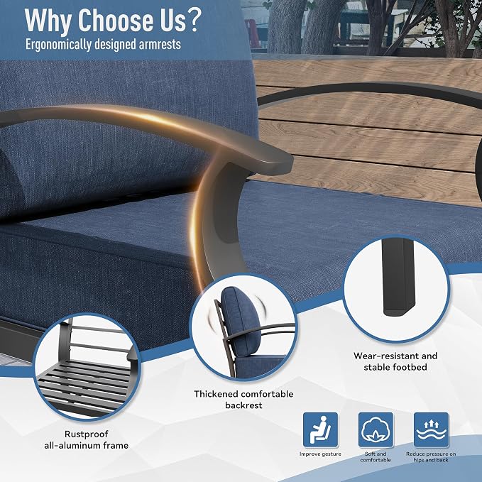 Kurapika Aluminum Patio Furniture Set 5-Seat Modern Outdoor Conversation Sets w/Swivel Rocking Chairs with Rectangular Coffee Table, Navy Blue
