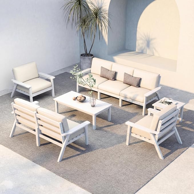 HDPE 7 Piece Patio Furniture Set, HDPE Outdoor Sectional with with Beige Thick Cushions, Coffee Table and Side Table, Patio Conversation Sets for Lawn, Garden, Porch (White Frame)