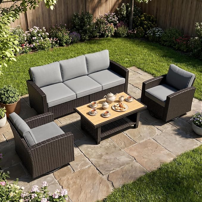 WWR Furniture Set-30% Thicker Wicker-Luxury 4 Piece PatioWicker Outdoor Patio Conversation Set with Extra Wide & Thick Cushions, Swivel Rocking Chairs for Backyard, Porch & Deck