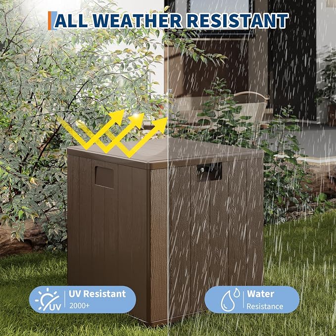 IDEALHOUSE 28 Gallon Deck Box, Waterproof Outdoor Storage Box with Lockable Lid, Heavy-Duty Resin Patio Furniture Cushion Storage Container for Garden, Backyard and Poolside, Brown