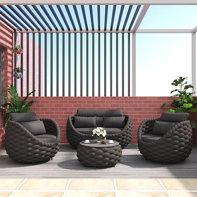 TWT Outdoor Patio Furniture Set-5 Pieces Aluminum Sectional Sofa, Metal Patio Conversation Set with Loveseat & Armchair, Textile Rope and Coffee Table, Dark Grey