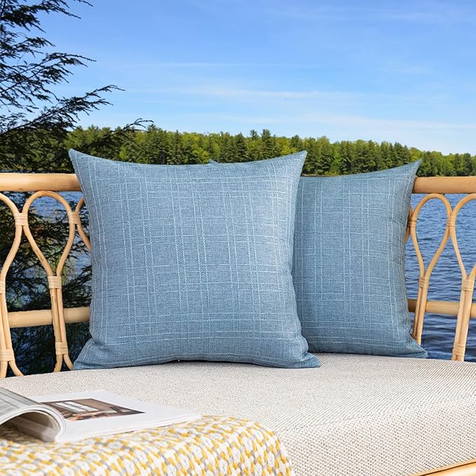 Kevin Textile Outdoor Waterproof 24”x24” Pillow Covers 2 Pack, Light Blue | Water Resistant, Soft Faux Linen-cotton Yarn-dyed Woven Texture Throw Pillow Covers for Tent Patio Garden Couch Sofa