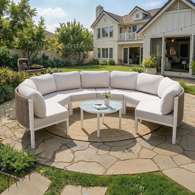 Crestlive Curved Patio Furniture Set, Modular Half Moon 6-Seater Sofa with Round Coffee Table, Aluminum Outdoor Sectional with 4.3" Cushions, All-Weather Couch for Backyard, Deck, Porch, Poolside