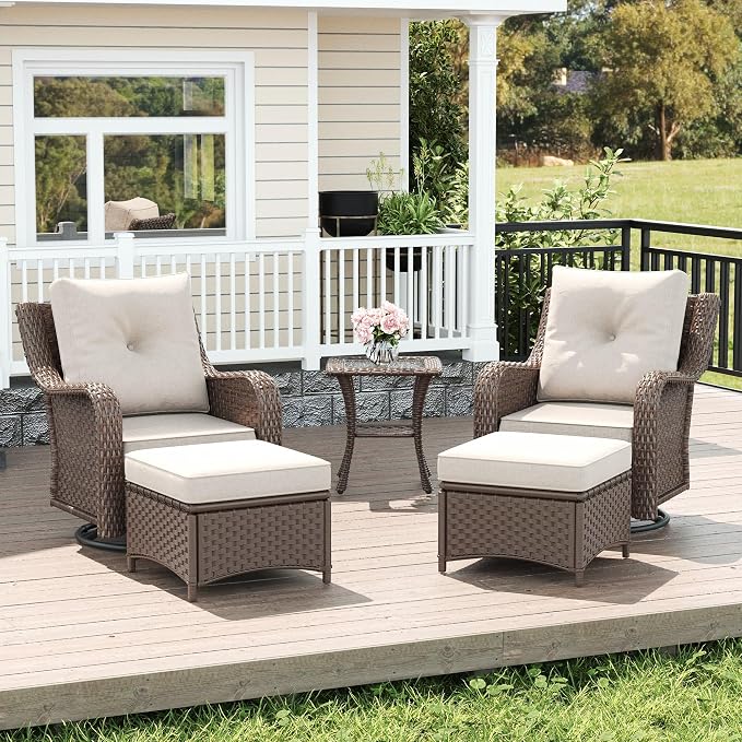 LayinSun 5 Piece Wicker Outdoor Furniture Set with 6-inch Comfy Cushions, High Back Patio Furniture Set with Swivel Rocking Chairs and Side Table