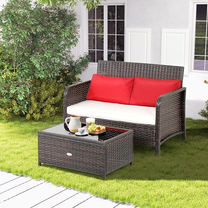 Tangkula 2-Piece Outdoor Patio Wicker Furniture Set, PATIOJOY Patio Loveseat and Coffee Table Set with Cushions, Outdoor Conversation Set for Porch, Balcony and Backyard