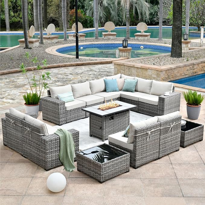 HOOOWOOO Outdoor Patio Sectional Furniture Sofa Set with Propane Fire Pit Table,13 Piece Large Modern Wicker Couch with Widened Armrest,Modular L Shaped Conversation Seating Set(Beige Tan)