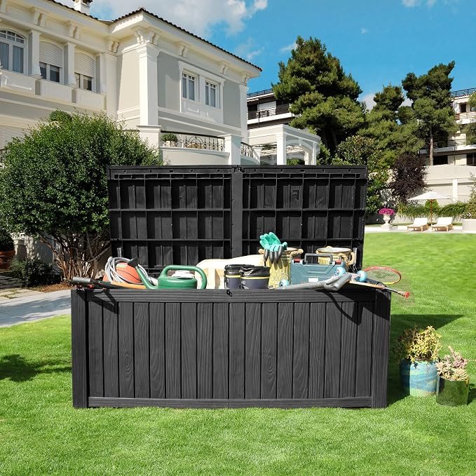YITAHOME 180 Gallon Large Deck Box w/Divider, XL Waterproof Outdoor Storage for Patio Furniture,Outdoor Cushions, Garden Tools, Sports Equipment and Pool Supplies, Resin, Lockable, Black