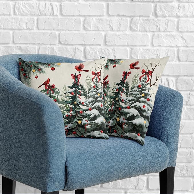 Set of 2 Christmas Tree Pillow Covers Snowy Pine Throw Pillow Covers 16x16 Green Xmas Tree Cardinal Bird Pillowcase Winter Holiday Cushion Case for Home Decor Couch Sofa