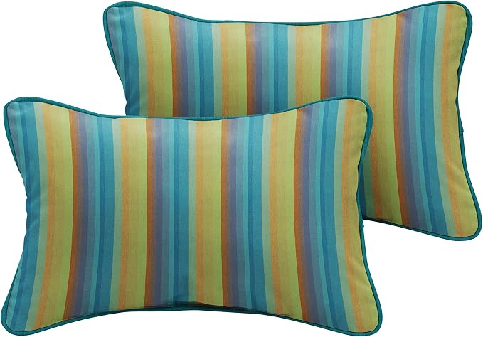 Mozaic Company Sunbrella Indoor/ Outdoor 18" x 12" Corded Lumbar Pillows, Astoria Lagoon Stripe and Spectrum Peacock, Set of 2