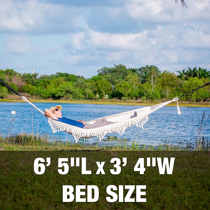 Bliss Hammocks BH-400WFRCA Polyester Hand-Braided Hammock in a Bag Decorative Fringe, Natural Brown