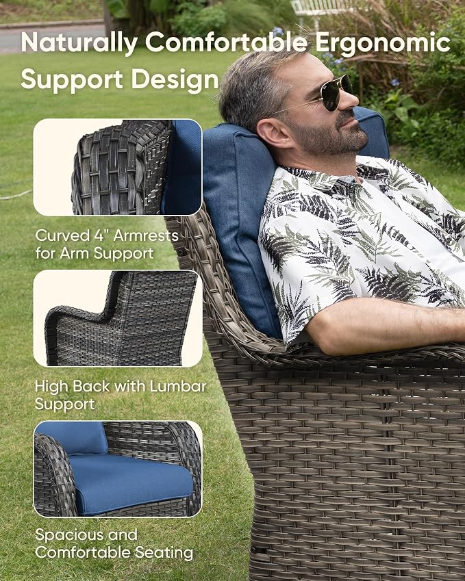 HUMMUH Outdoor Swivel Rocker Wicker Patio Chairs, Set of 2, Grey and Blue | 360° swivel and rocking motion, 5 in polyester cushions, wicker construction, for porch, balcony, deck, and patio