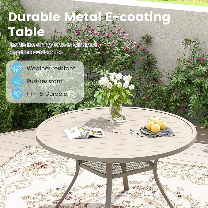 7 Pieces Patio Dining Set, 47" Round Dining Table with Umbrella Hole, 6 Stackable Textilene Fabric Chairs, Metal Structure for Patio, Porch, Garden(Sand Table, Sand Chair)