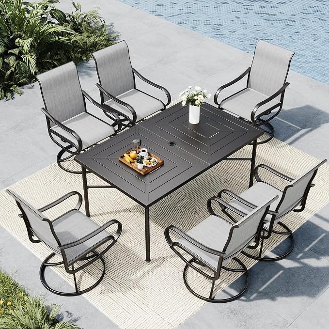 MFSTUDIO Patio Table and Chairs Set with Umbrella Hole, Outdoor Dining Set for 6 with Swivel Chairs, Outdoor Patio Furniture Set for Deck, Backyard, Poolside & Garden