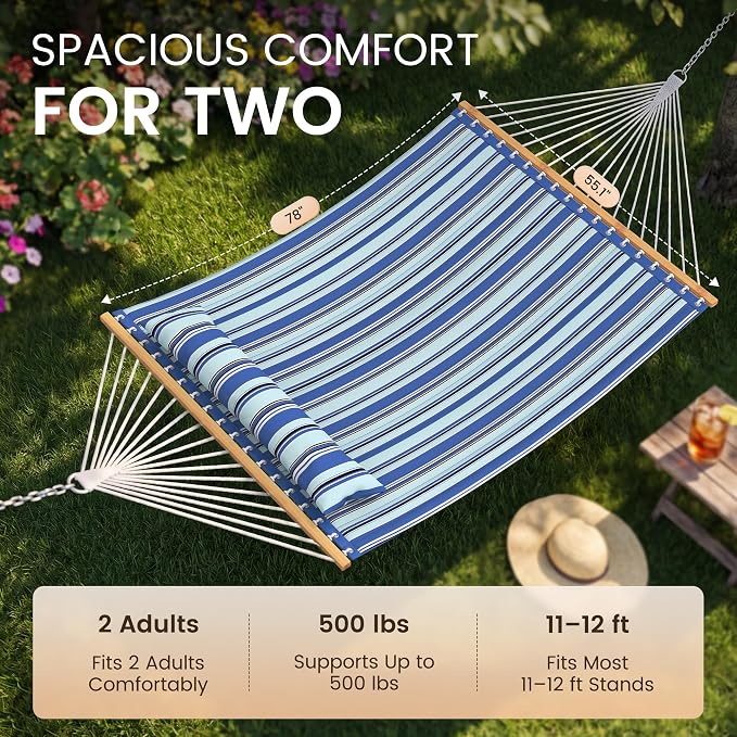 Double Hammock with Spreader Bar,Soft Pillow,Max Load 500lbs,Portable Hammock for Outdoor,Camping,and Backyard,Aqua Blue