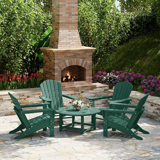 Costaelm Patio Conversation Set, Outdoor Chairs Set of 5 Balcony Firepit Furniture Outdoor Adirondack Round Table and Chair Backyard Furniture Set for Lawn Porch Pool Garden, Dark Green