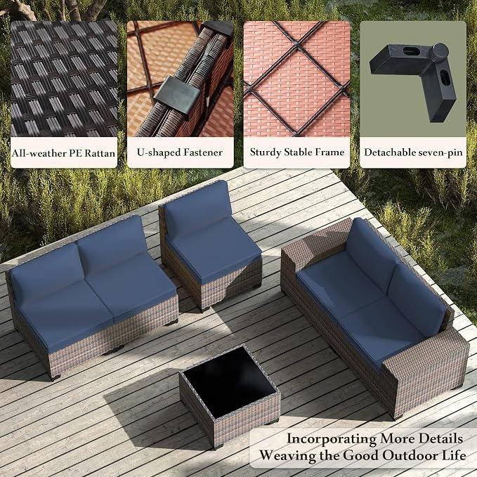 7 PCS Outdoor Patio Furniture Set,Outdoor Sectional Furniture with 43" 55000 BTU Gas Propane Fire Pit Table,All Weather PE Rattan Wicker Patio Conversation Set,Navy Blue