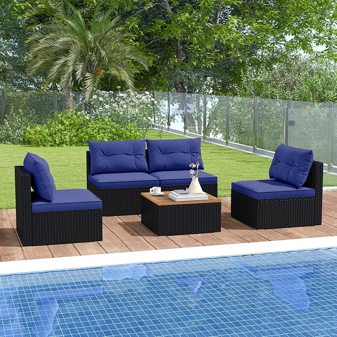 HAPPYGRILL 5 Pieces Patio Rattan Sofa Set, Outdoor Furniture Set with Seat & Back Cushions, Square Coffee Table with Acacia Wood Tabletop, Wicker Patio Conversation Set, Navy