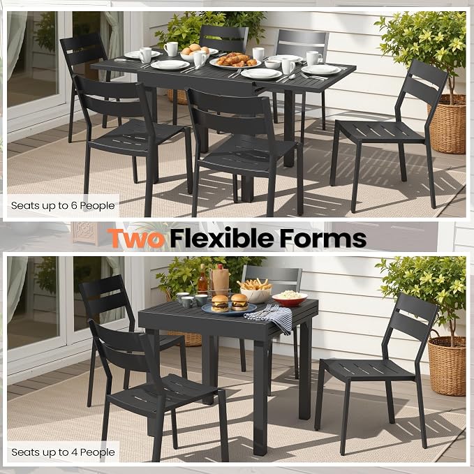 Pellebant 7-Piece Aluminum Outdoor Dining Set for 6, Stackable Contoured Seat Chairs with 17.3" Depth, Expandable Patio Table – Weather-Resistant Furniture for Deck, Porch & Backyard