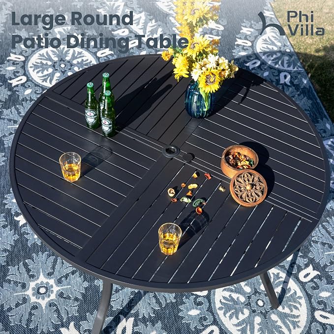 PHI VILLA Outdoor Dining Set for 6, 54" Round Metal Table & Swivel Chairs | 7 pcs black wrought iron furniture set w/ umbrella hole. All weather for patio, deck, yard, porch