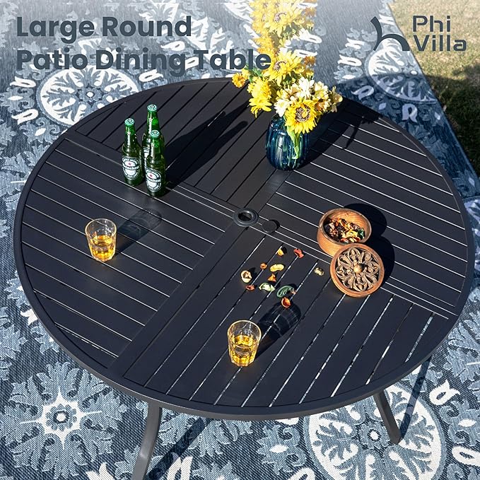 PHI VILLA 7 Pieces Patio Round Dining Set for 6, Large Wrought Iron Outdoor Dining Table with Umbrella Hole & Cushioned Wicker Rattan Chairs, Dining Furniture Set for Deck, Yard, Porch