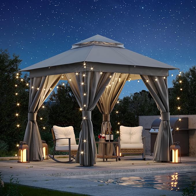 LAUSAINT HOME 8'x8' Outdoor Gazebo, Metal Frame Heavy Duty Patio Canopy Tent Shelter with Double Roofs, Mosquito Nettings and Privacy Screens for Backyard, Garden, Lawn, Steel Gray