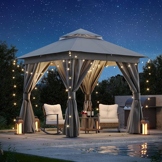 LAUSAINT HOME 8'x8' Outdoor Gazebo, Metal Frame Heavy Duty Patio Canopy Tent Shelter with Double Roofs, Mosquito Nettings and Privacy Screens for Backyard, Garden, Lawn, Steel Gray