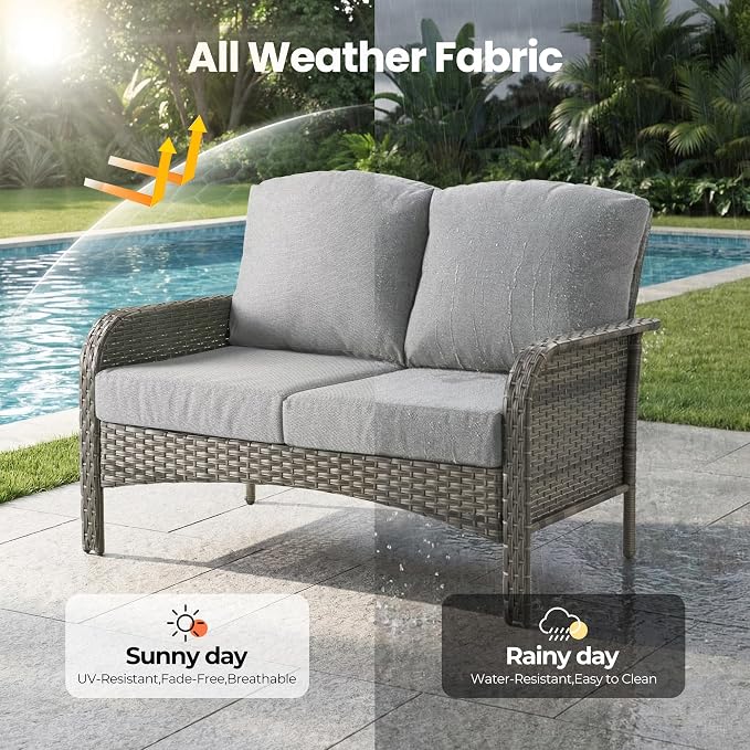 Weaxty Wicker Patio Furniture Set with Swivel Rocker Chairs Outdoor Loveseat Sofa and Rattan Coffee Table, 5 Pieces Outdoor Conversation Sets for Patio Porch Deck Backyard Poolside,Beige