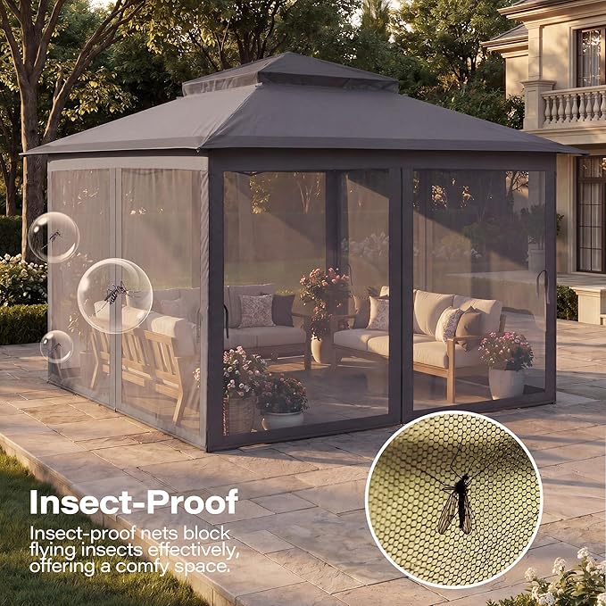 LAUSAINT HOME 11x11 Pop Up Gazebo Canopy Tent with Mosquito Netting, Instant One-Push Setup, Adjustable Height Outdoor Canopy Shelter with Carry Bag for Patio, Backyard, Camping, Parties & BBQs, Gray