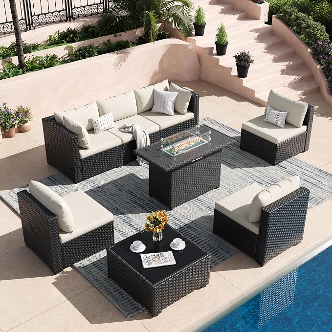 8 Piece Patio Furniture Set with 43" Fire Pit Table, Outdoor Sectional Wicker Rattan Sofa Set with Coffee Table (White/Black)