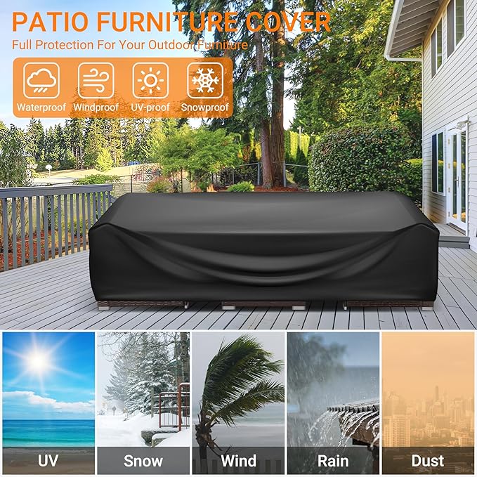 WLEAFJ Patio Furniture Covers Rectangle, Outdoor Table Covers Waterproof, Heavy Duty Outdoor Furniture Cover, Patio Sectional Set Cover 74" L x 47" W x 28" H, Black