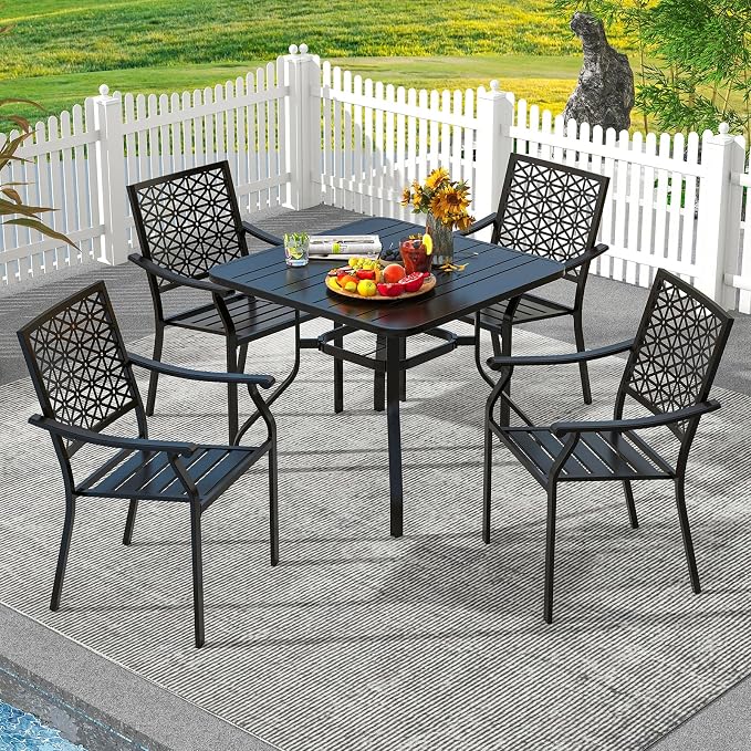Tangkula 5 Pieces Metal Patio Dining Set, 37 Inches Square Dining Table with 4 Stackable Chairs, Slatted Table with Umbrella Hole, Outdoor Dining Furniture Set for Poolside, Deck, Backyard