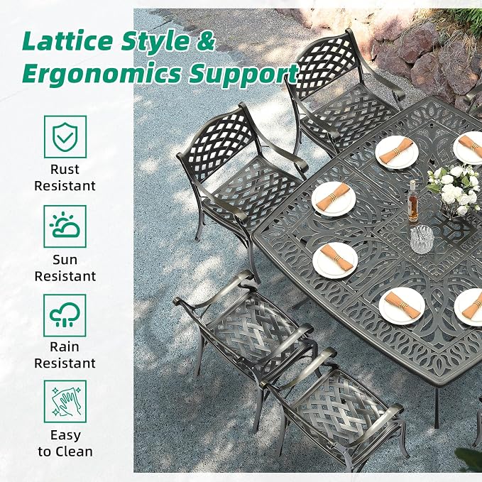 VIVIJASON 9-Piece Outdoor Dining Set, Cast Aluminum Retro Patio Furniture Table and Chairs Set for 8, Include Large 64" Square Dining Table and 8 Chairs with Umbrella Hole for Deck Porch