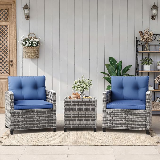 GarveeTech 3-Piece Outdoor Patio Furniture Set, PE Rattan Wicker Chairs with Tempered Glass Side Table & Washable Cushions, All-Weather Conversation Set for Porch, Deck, Balcony or Garden (Gray/Blue)