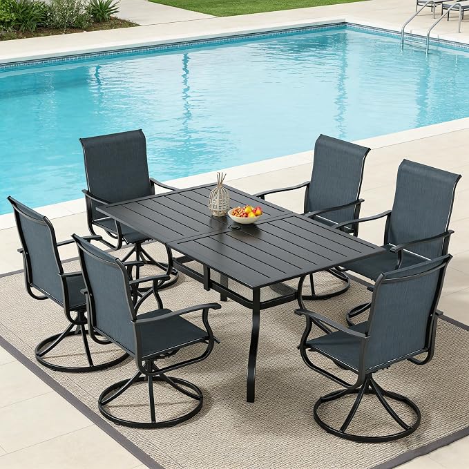 SUNCROWN 7-Piece Outdoor Patio Dining Set, All Weather Rectangular Metal Table & 6 Black Swivel Textilene Mesh Chairs, Weather Resistant Patio Furniture for Deck Lawn Garden Backyard Poolside