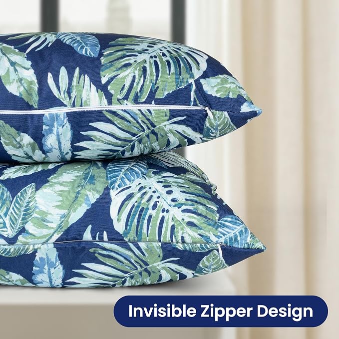 Outdoor Pillow Covers 16x16 Inch, Waterproof Decorative Pillow Covers Pack of 2, Water-Resistant Pillow Case for Patio Furniture Tent Garden, Blue Green Tropical Leaves, Cover ONLY