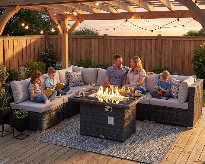 NICESOUL High-End Outdoor Patio Furniture Set with Natural Gas/Propane Firepits, 7 Piece Large Wicker Sectional Couches with Fire Table, 29.3'' High Back Deep Seating Comfy Conversation Sofas, Gray