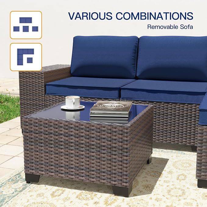 6 Pieces Patio Furniture Sets with Glass Tea Table,PE Rattan Wicker Patio Conversation Set with Washable Cushions,Outdoor Patio Sectional Furniture Set for Backyard, Poolside, Garden,Navy