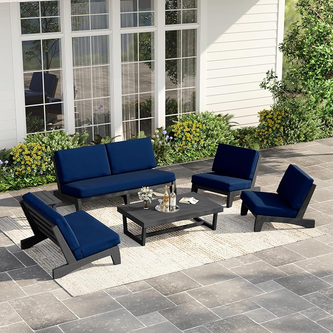 6 Piece Teak Outdoor Patio Frutnire Set, 7 Seater Patio Conversation Sets with Thick Cushions, Outdoor Sectional Furniture with Coffee Table - Navy Blue