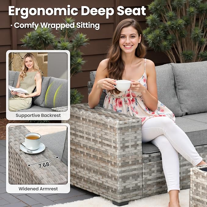 ovios 15 Pieces Patio Furniture Set, Outdoor Wicker Sectional Sofa with Swivel Chairs Coffee Table, Modern Modular Deep Seat Rattan Couch Conversation Sets, Dark Grey